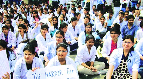 Junior doctors of PGIMS protest in Rohtak, Wednesday. 