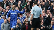 Chelsea's Mohamed Salah celebrates after scoring his sides 6th goal of the game during their English Premier League soccer match between Chelsea and Arsenal at Stamford Bridge stadium in London on Saturday. (AP)