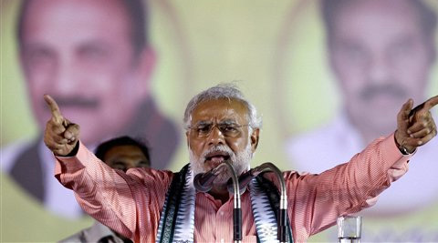  BJP Prime Ministerial candidate Narendra Modi addresses an election rally in Chennai on Sunday.  (PTI)