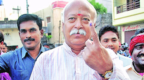 RSS chief Mohan Bhagwat shows his inked finger after casting his vote in Nagpur. (Sudarshan Sakharkar)