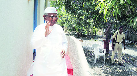 Anna Hazare in Ralegan Siddhi on Thursday.  (Source: Express photo by Pavan Khengre)