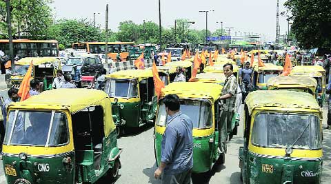 Striking auto-rickshaw drivers on Monday. (Ravi Kanojia)