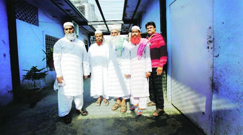 Five of the six men who were freed by the court in the Akshardham temple terror attack case in Gujarat, in New Delhi on Tuesday.   Tashi Tobgyal 