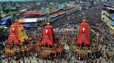 Three chariots of Lord Jagannath, Balabhadra and Subhadra during the annual "Rath Yatra" in Puri on Sunday. Source: PTI Photo