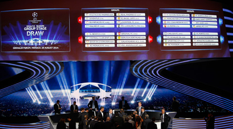 General view of the final draw for the UEFA Champions League group E, F, G, H, is seen on an electronic board after the draw, at the Grimaldi Forum, in Monaco (Source: AP)