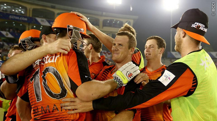 Mitchell Marsh celebrates with the team after pulling off a sensational win (Source: BCCI)