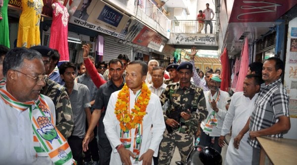 Congress leader Naveen Jindal at an election campaign in Hisar on Tuesday. (Source: PTI Photo)