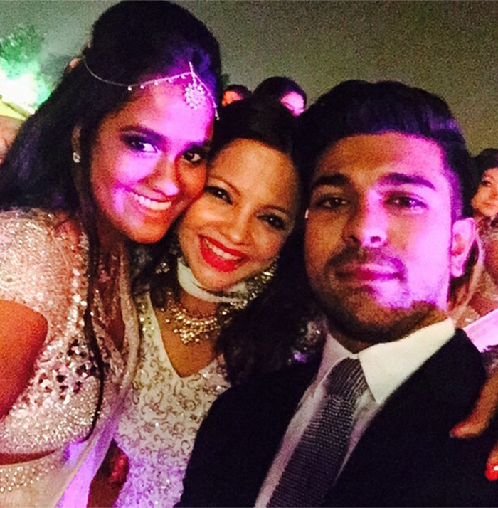 Telugu actor Rama Charan Teja also made it to the most happening wedding of the year. Seen here with the smiling bride Arpita Khan, who quickly changed from red lehenga to a white one. (Source: Instagram) 