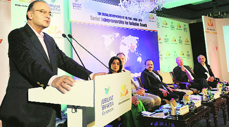 Finance Minister Arun Jaitley addresses speaking at the India Social Entrepreneur of the Year 2014 award function in New Delhi on Tuesday. (Source: PTI photo)