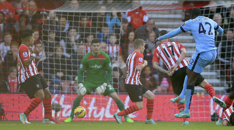 Manchester City's Yaya Toure, right, scored his sides first goal of the game against Southampton (Source: AP)
