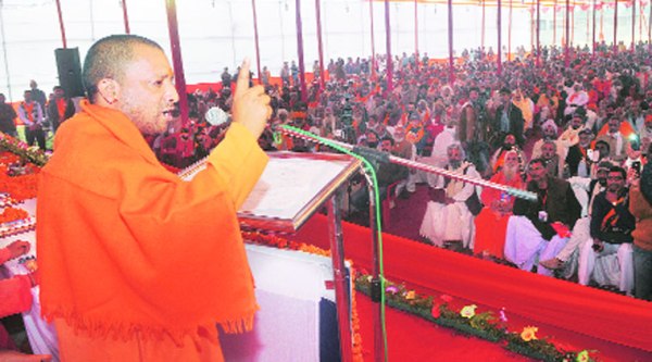 Adityanath addresses gathering in Vaishali. (Express photo by Prashant Ravi)
