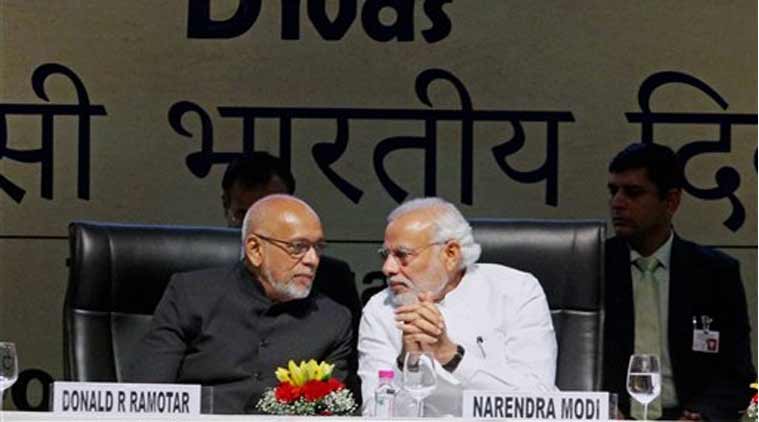 Prime Minister Narendra Modi with President of Guyana Donald Ramotar during 13th edition of 'Pravasi Bharatiya Divas' in Gandhinagar. [Source: PTI)