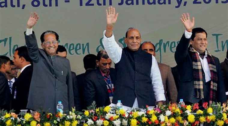 Home Minister Rajnath Singh, Assam Chief Minister Tarun Gogoi and Union Sports Minister Sarbananda Sonowal wave at the crowd during the closing ceremony of the 19th National Youth Festival in Guwahati on Monday.  ( PTI  Photo)