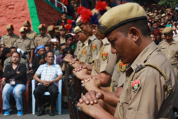 Policemen during the funeral service held for their slain colleagues in Aizawl.