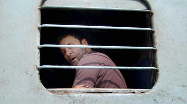 Rahul Gandhi travels in train to take stock of farmers situation.