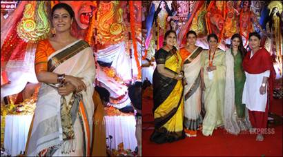Kajol celebrates Durga Puja with mother Tanuja, sister Tanishaa