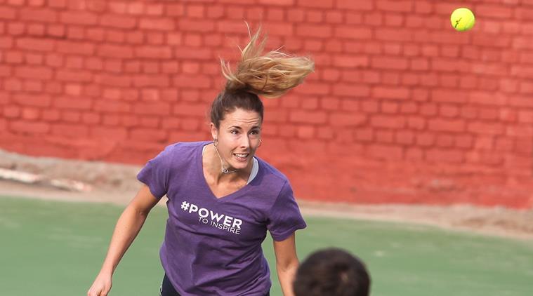 Alize Cornet of Raipur Rangers during practice session at CLTA in Sector 10 for their upcoming CTL 2015 match in Chandigarh on Thursday, November 26 2015. Express Photo by Kamleshwar Singh