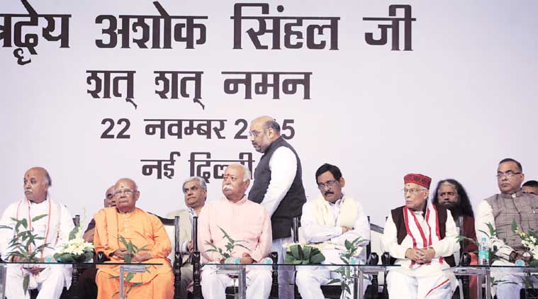 RSS chief Mohan Bhagwat and BJP president Amit Shah along with other BJP and VHP leaders at the function to pay homage to VHP patron Ashok Singhal in New Delhi on Sunday. (Express Photo by: Oinam Anand)