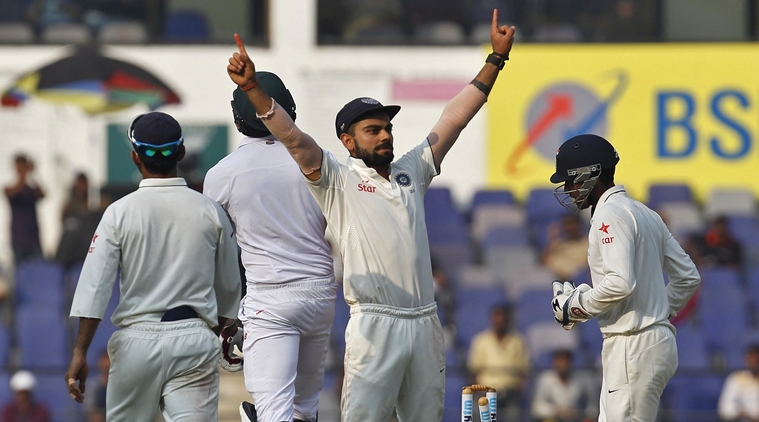 India's captain Virat Kohli celebrates after their win over South Africa on the third day of their third test cricket match in Nagpur, India, November 27, 2015. India beat South Africa by 124 runs in the third test in Nagpur to take an unassailable 2-0 lead in the four-match series on Friday. REUTERS/Amit Dave