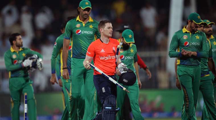England's batsman Eoin Morgan takes the wickets after the third T20 cricket match between Pakistan and England at the Sharjah Cricket Stadium in Sharjah. (Source: AP)