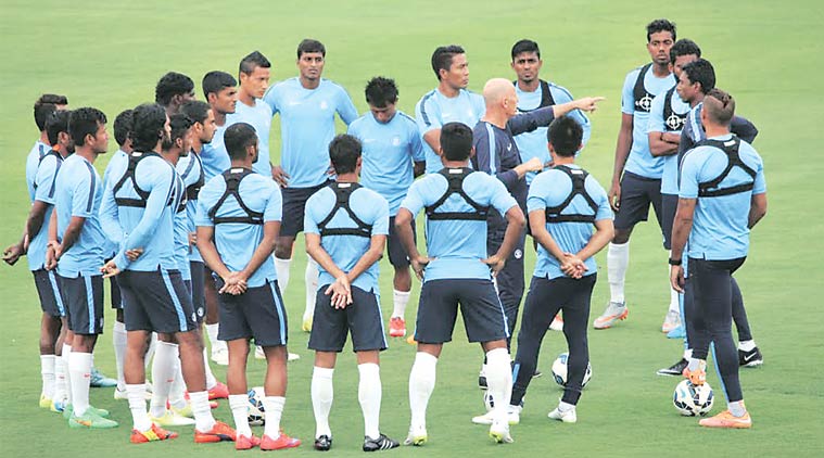 Indian players try out the GPS tracker during a training session. It was introduced by coach Stephen Constantine.