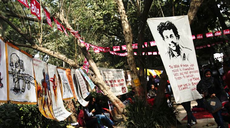 Various students associations congregate and protest at the Arts faculty Delhi university over the suicide of Hyderabad University student Rohit Vemula in New Delhi on monday. Express Photo by Tashi Tobgyal New Delhi 250116