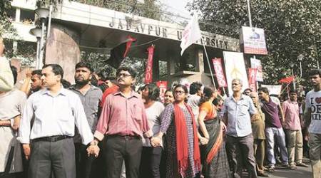 Teachers, students stop ABVP rally from entering JU campus