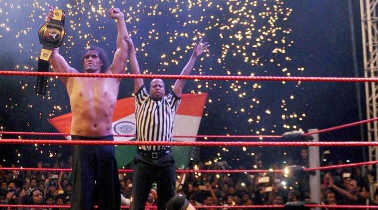 The great Khali after defeating Canadian wrestler Brody Steel in Dehradun on Sunday.(Source:PTI)