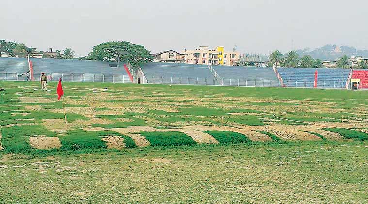 The Nehru Stadium turf, where football matches were to be held, is in a mess.