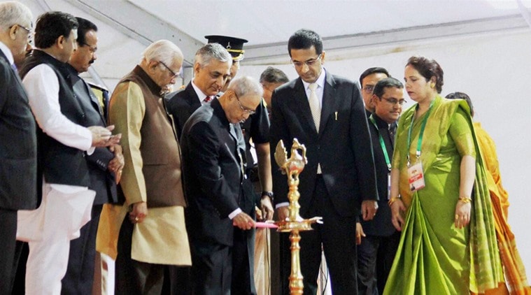 Allahabad: President Pranab Mukherjee, Chief Justice of India Tirath Singh Thakur, Minister of Law and Justice DV Sadananda Gowda, UP Governor Ram Naik, UP Chief Minister Akhilesh Yadav and Chief Justice of High Court Allahabad Justice Dhananjaya Yashwant Chandrachud at the inauguration of "150th anniversary" Sesquicentennial Celebrations program of Allahabad High Court  in Allahabad on Sunday. PTI Photo(PTI3_13_2016_000106B)