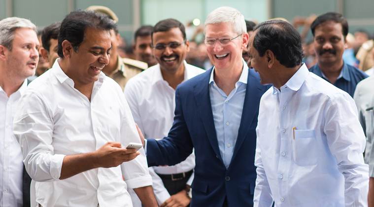 Tim Cook with IT minister Rama Rao and Chief Minister KCR in Hyderabad. Image Courtesy: IndianExpress