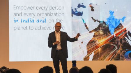 Microsoft, Satya Nadella, Satya Nadella India visit, Satya Nadella Delhi, Satya Nadella keynote, Microsoft CEO, Nadella Mirza Ghalib, Narendra Modi, Ravi Shankar Prasad, Windows, technology, technology news