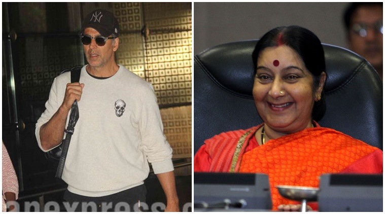 Akshay Kumar, Sushma Swaraj, Akshay Kumar tweets, Juba Evacuation, Indians stuck in Juba, External Affairs Minister Sushma Swaraj, Akshay Kumar Twitter, Sushma Swaraj Tweets, Sushma swaraj twitter, Entertainment