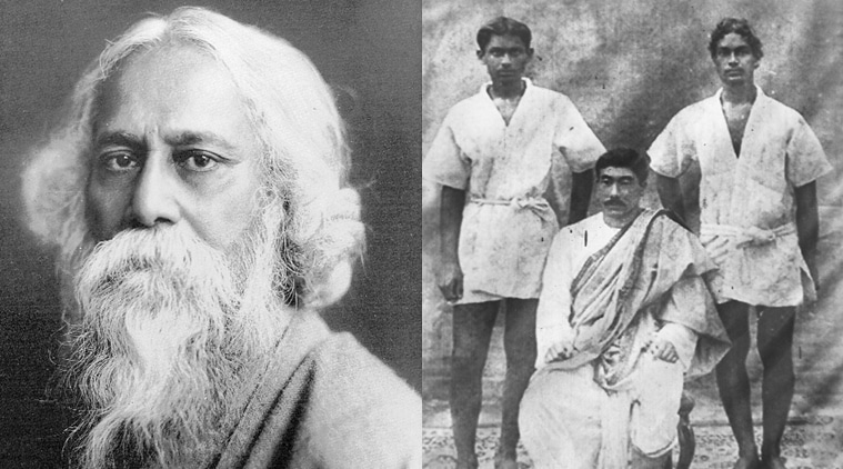 Rabindranath Tagore (L) was a great admirer of Jigoro Kano, the founder of judo, a 1905 photo of Japanese jiu-jitsu teacher Sanosan (seated) with Tagore’s son, Rothindranath (standing, right) and Santosh Chandra Majumdar.