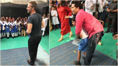 chris martin, sachin tendulkar, chris sachin, chris martin tendulkar, chris martin visits school, chris martin global citizens initiative, chris sacin schaol, chris sachin pictures, chris martin indian visit, chris martin mumbai event, entertainment updates, indian express indian express news