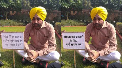 arvind kejriwal, Bhagwant Mann, Bhagwant Mann suspension, Bhagwant Mann parliament video row, Bhagwant Mann parliament dharna, Bhagwant Mann kejriwal trolled, Bhagwant Mann modi afaird placard trolled, india news, latest news, indian express, viral news