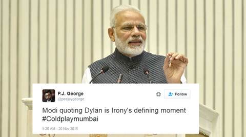 Coldplay, Narendra Modi, Bob Dylan, Modi dylan, Modi dylan quote, Coldplay Mumbai, Coldplay mumbai news, coldplay mumbai concert, coldplay concert, coldplay concert mumbai, mumbai news, india news