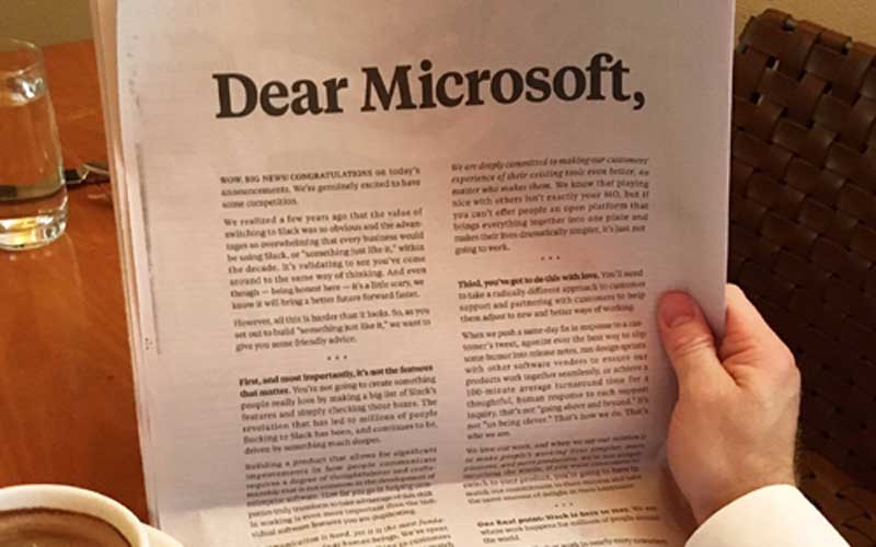 Microsoft, Microsoft Teams, Microsoft Teams vs Slack, Slack open letter, Slack AD NYT, Slack Microsoft open letter NYT, Slack New York Times, Slack Letter in NYT, Slack Microsoft blogpost