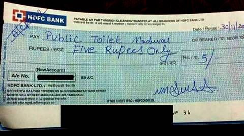 Demonetisation jugaad: This Rs 5 cheque to a Madurai Toilet is ... - The Indian Express
