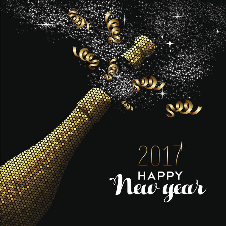 Happy new year 2017 gold champagne bottle celebration in mosaic style. Ideal for holiday card or elegant party invitation. EPS10 vector.