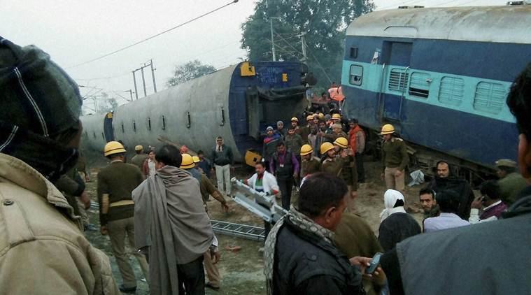 Kanpur: Rescue and relief works in progress at the site of accident where Ajmer-Sealdah express train derailed early morning near Rura railway station in Kanpur dehat district on Wednesday. PTI Photo(PTI12_28_2016_000003A)