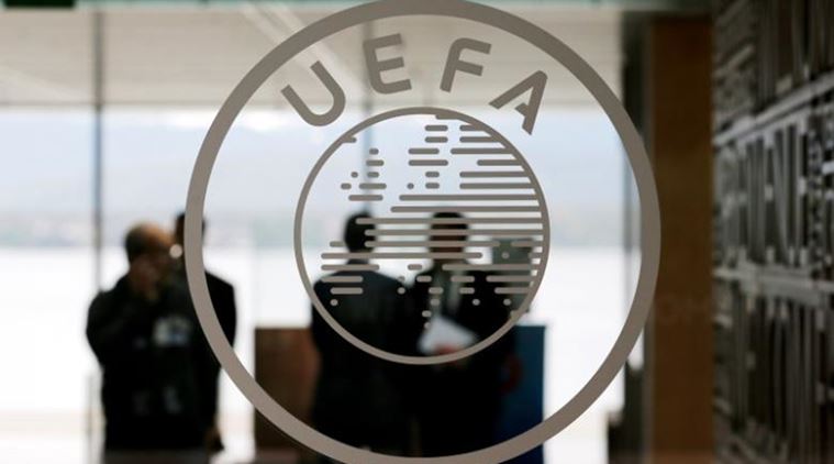 A logo is pictured on UEFA headquarters in Nyon