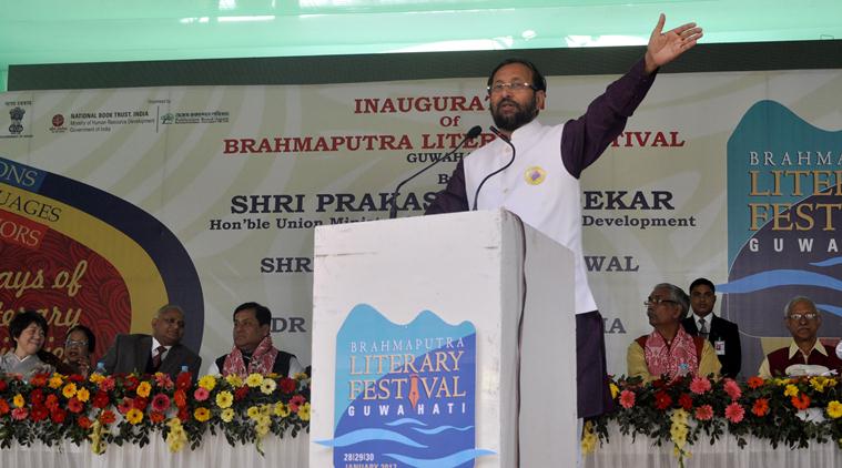 Prakash Javadekar Union minister of Human Resource Development delevering speech during the inaugural session of Brahmaputra Literary Festival Guwahati 2017 at Srimanta Sarkardeva Kalakshetra   in Guwahati on Saturday 28th January 2017. About 150 authors of different states and countries in 22 languages taking part in the Brahmaputra Literary festival.The   Brahmaputra Literary festival 2017 started from 28th and will conclude on 30th January 2017Photo-DASARATH DEKA