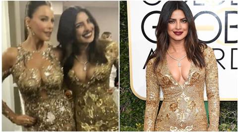 Golden Globes: Priyanka Chopra twins and twirls with Sofia Vergara, leaves Dwayne Johnson in love. See pics, videos - The Indian Express