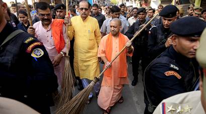UP CM Yogi Aditynath wields broom for cleaner state