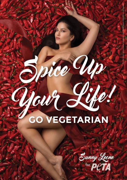 Image result for Sunny Leone outruns a bed of chillies in hotness quotient in new PETA ad