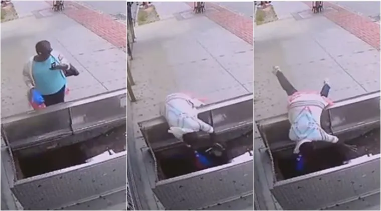 Video Woman Falls Into Open Cellar As She Was Too Busy Texting While Walking The Indian Express 