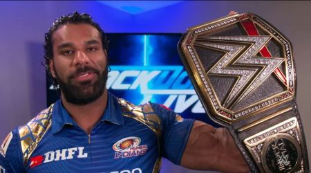 WWE Champion Jinder Mahal receives jersey as a gift from Mumbai Indians, watch video