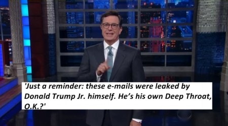 Late Night Show’s Stephen Colbert says Trump Jr is his own ‘deep throat’; watch video