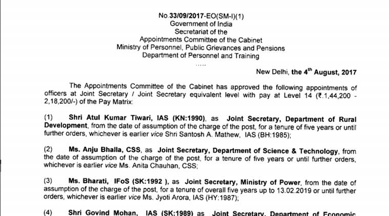 joint secretaries appointed, bureaucratic reshuffle, Department of Personnel and Training, indian express news